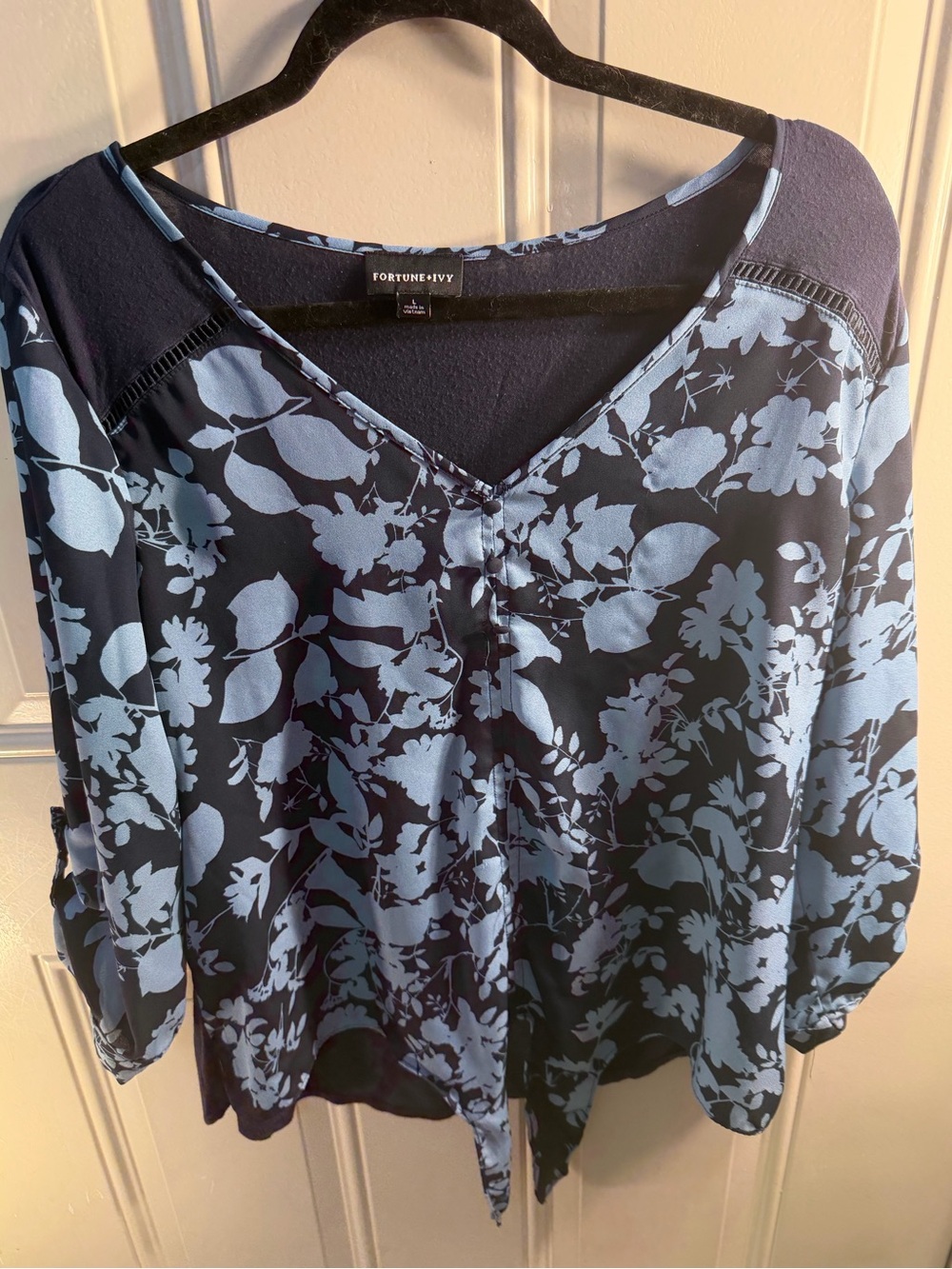 Fortune & Ivy - Navy Floral V-Neck Blouse - Blue Floral